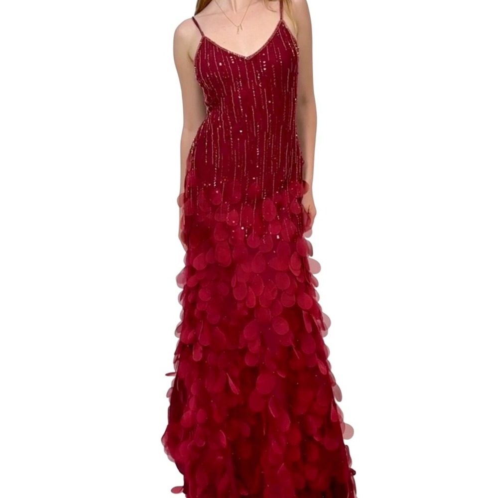 RARE Sue Wong Nocturne Red Gown 6 Red Beaded Petal Silk Dress Y2k 2000s Maxi - Picture 10 of 10